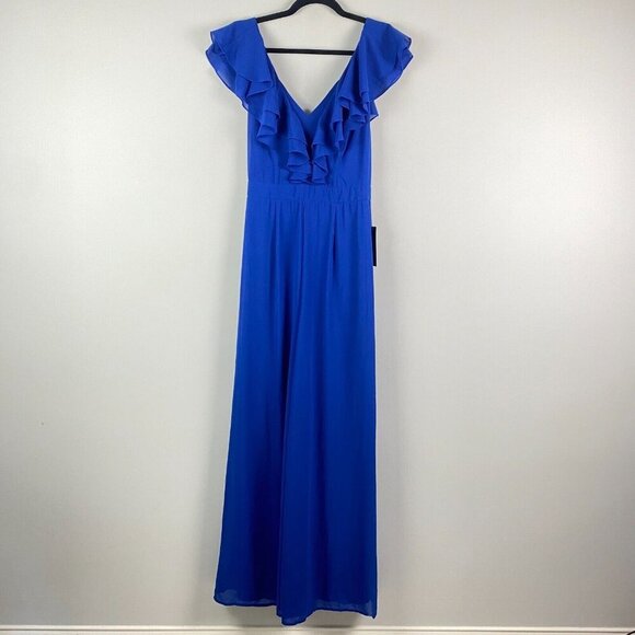 Lulus Ruffle Front Wide Leg Jumpsuit Size Small Blue Cap Sleeve - Picture 1 of 11